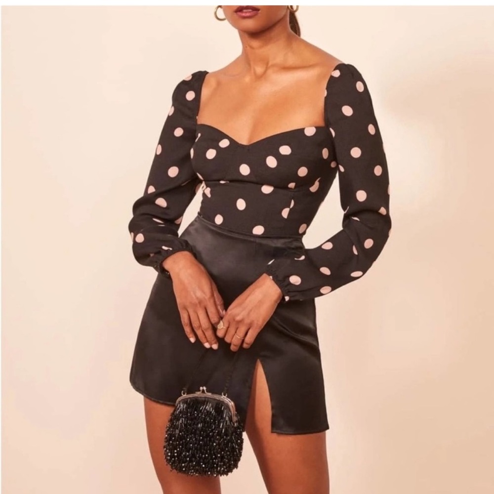 Reformation black and pink polka dot top